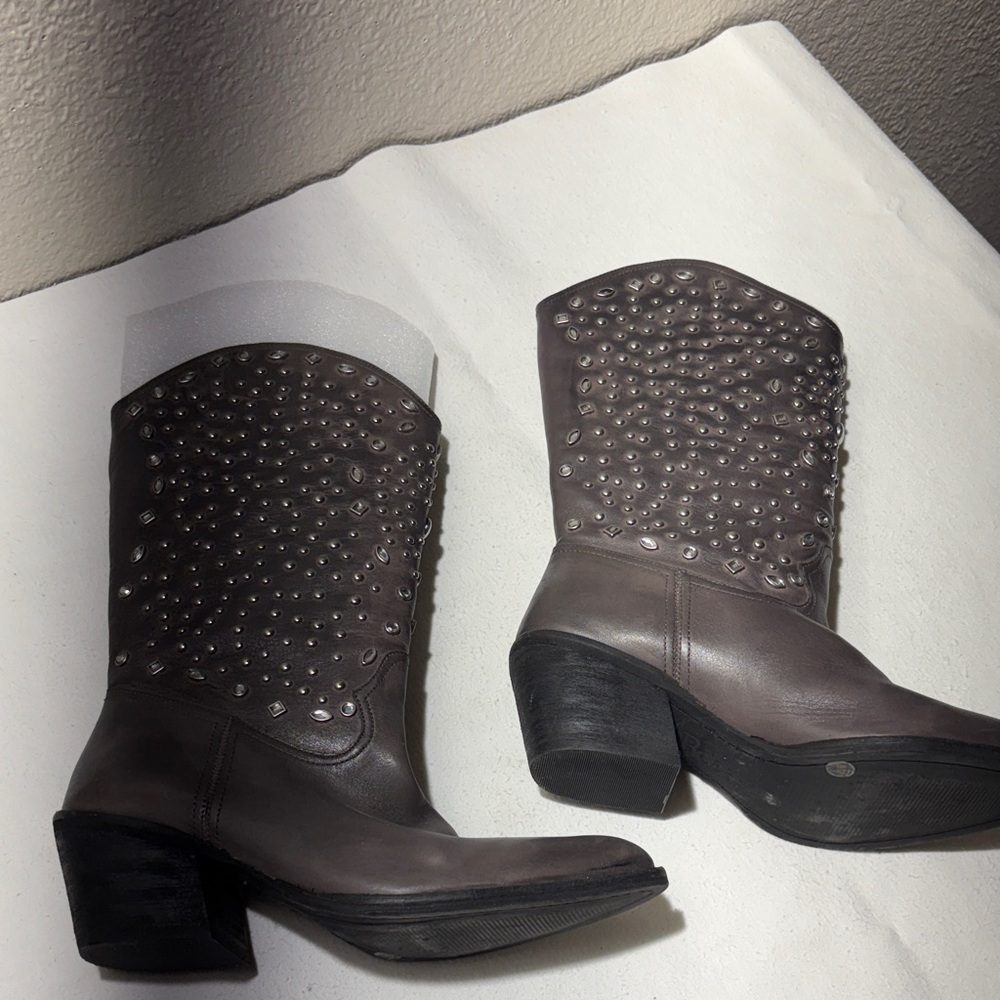 Reba Gray Studded Mid-Calf Western Boots